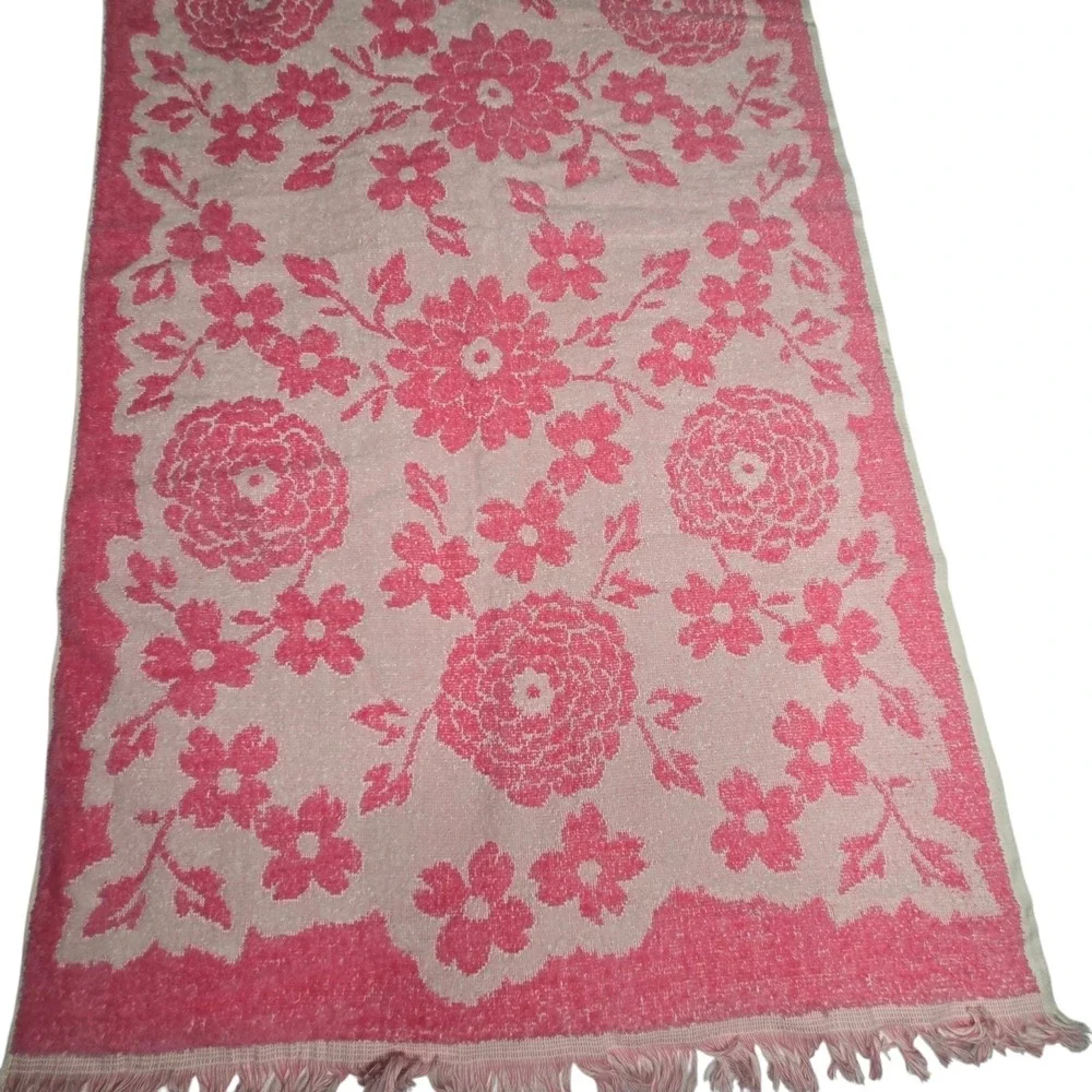 Vintage Pink Bath Towel Set PINK PURPLE Roses Floral 1970s 1980S